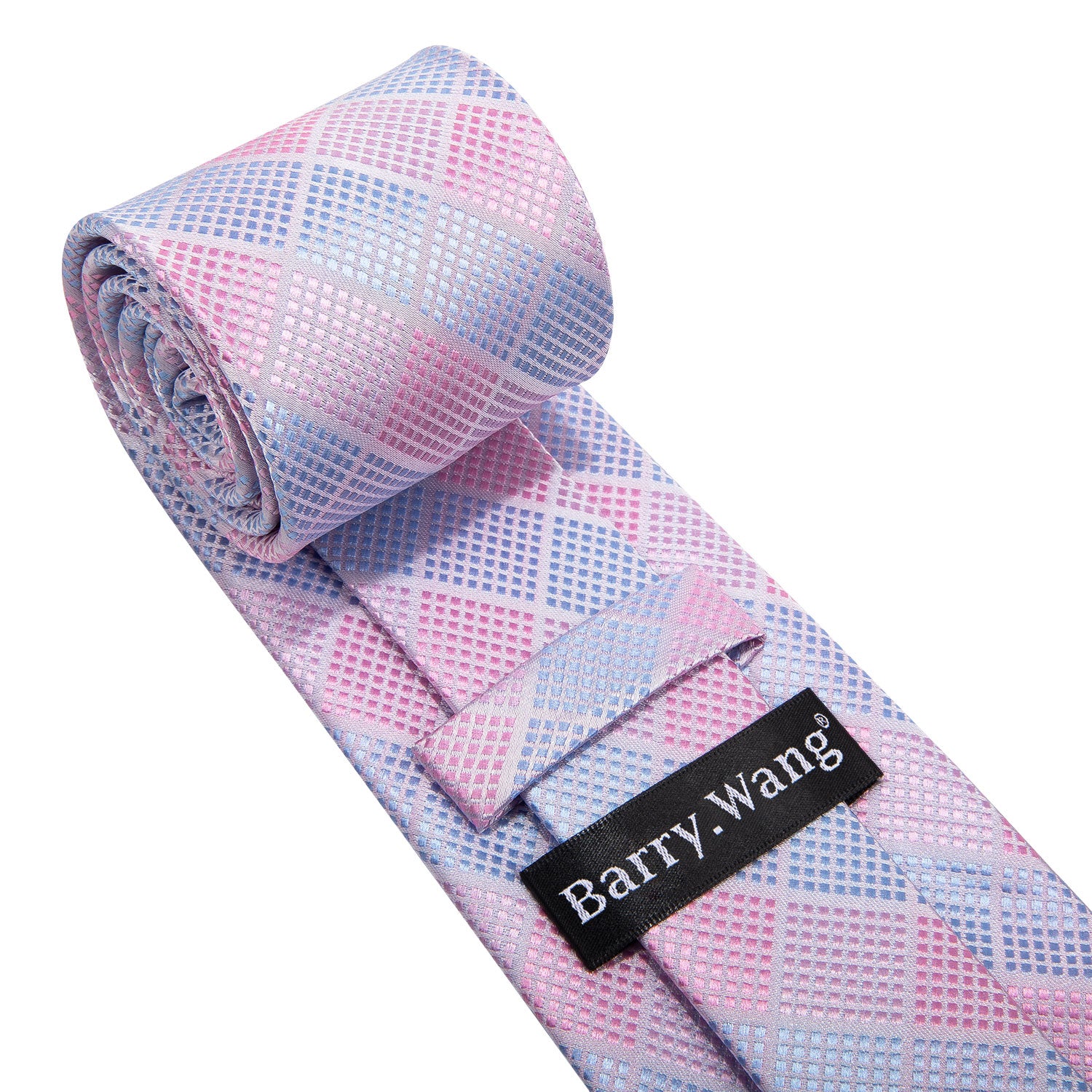 Barry.wang Pink Tie Sky-blue Plaid Men's Silk Tie Hanky Cufflinks Set