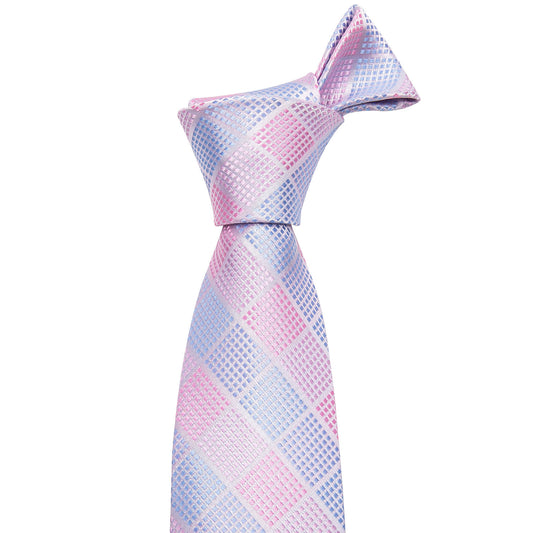 Barry. Wang Pink Tie Sky-blue Plaid Men's Silk Tie Hanky Cufflinks Set