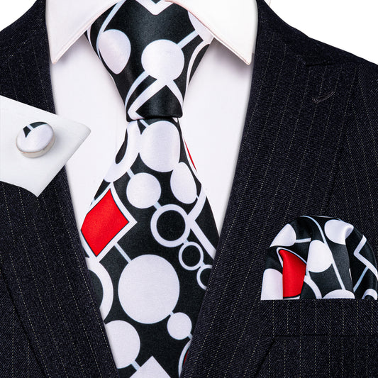 Barry. Wang Black White Red Novelty Silk Tie Hanky Cufflinks Set