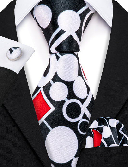 Barry. Wang Black White Red Novelty Silk Tie Hanky Cufflinks Set