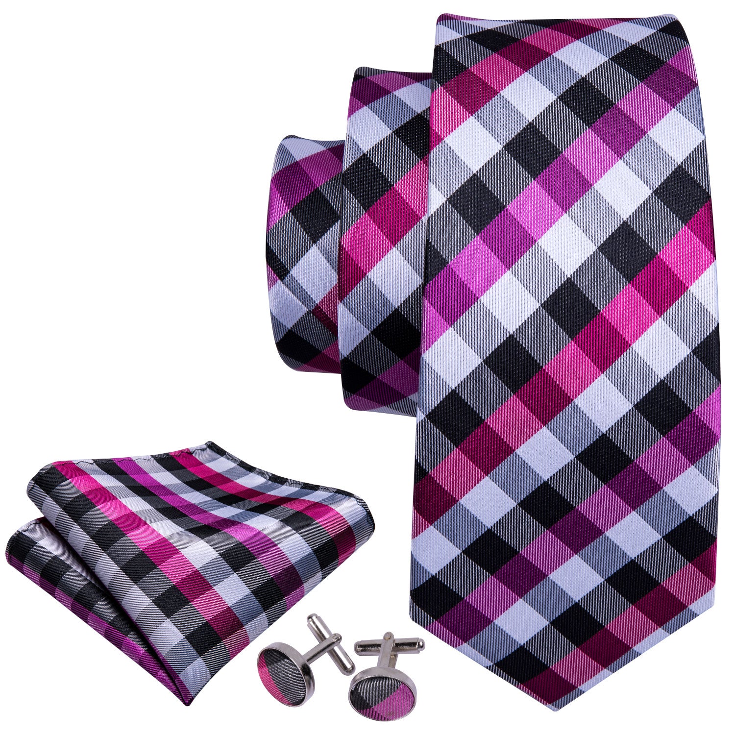  Checkered Necktie Pink Gray Tie Pocket Square Cufflinks Set