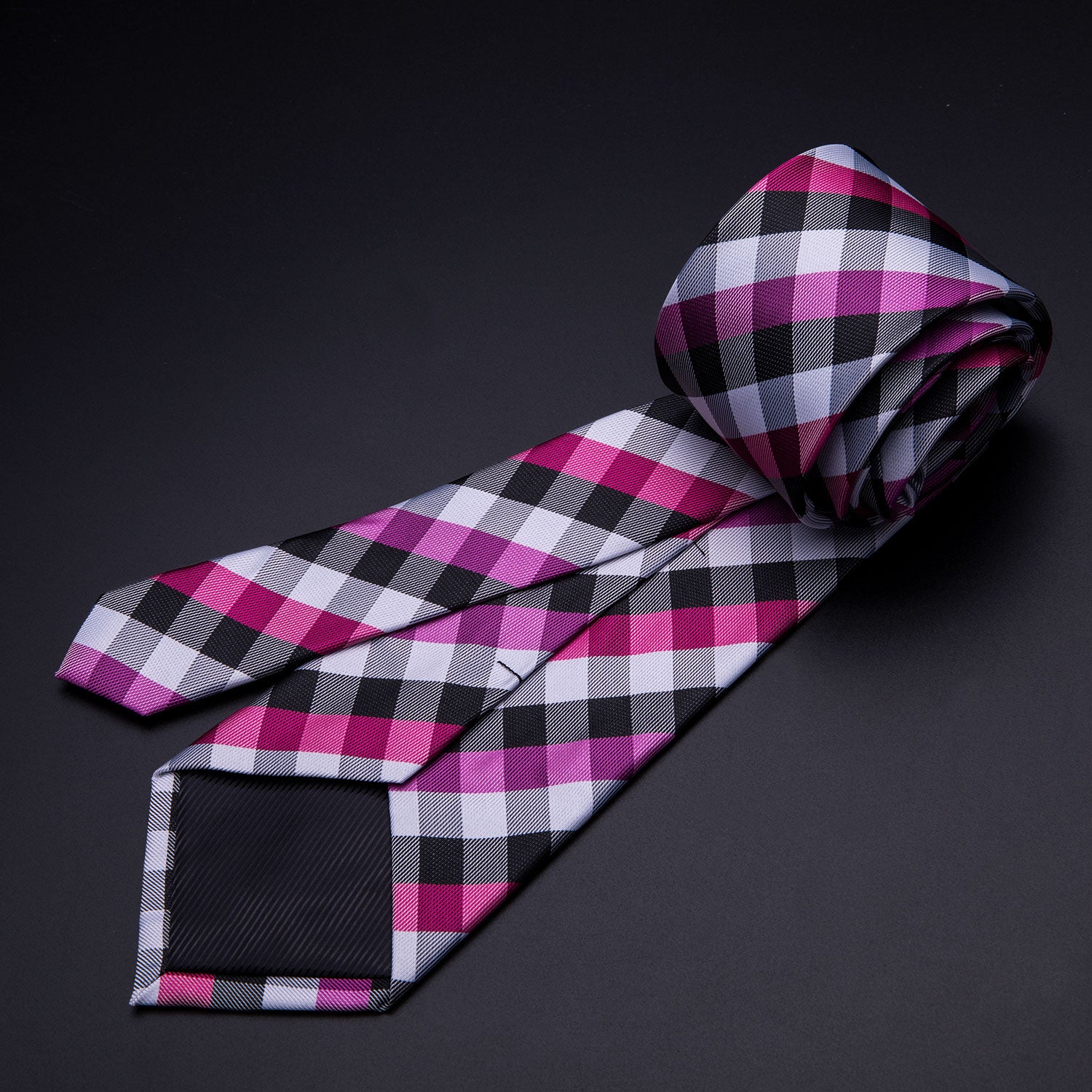  Checkered Necktie Pink Gray Tie Pocket Square Cufflinks Set