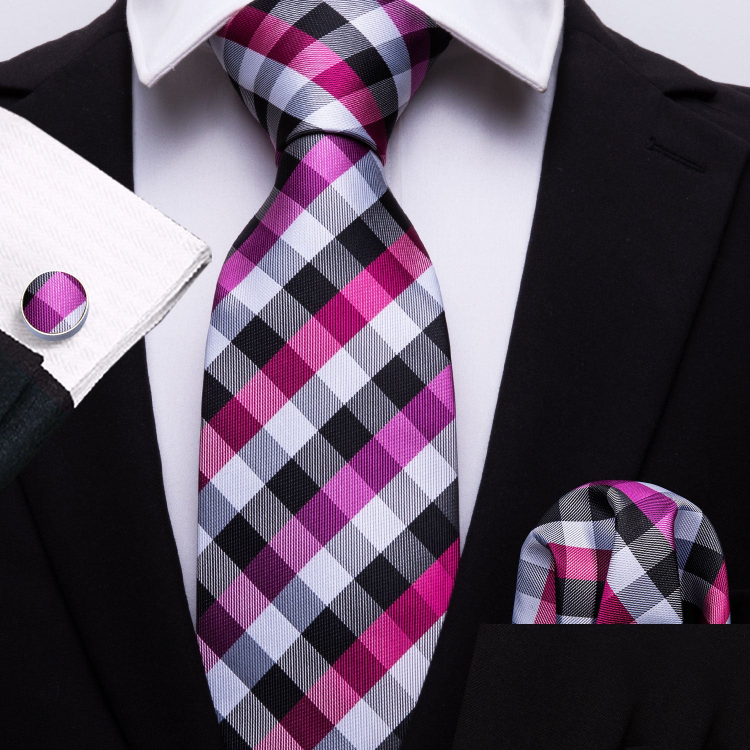  Checkered Necktie Pink Gray Tie Pocket Square Cufflinks Set