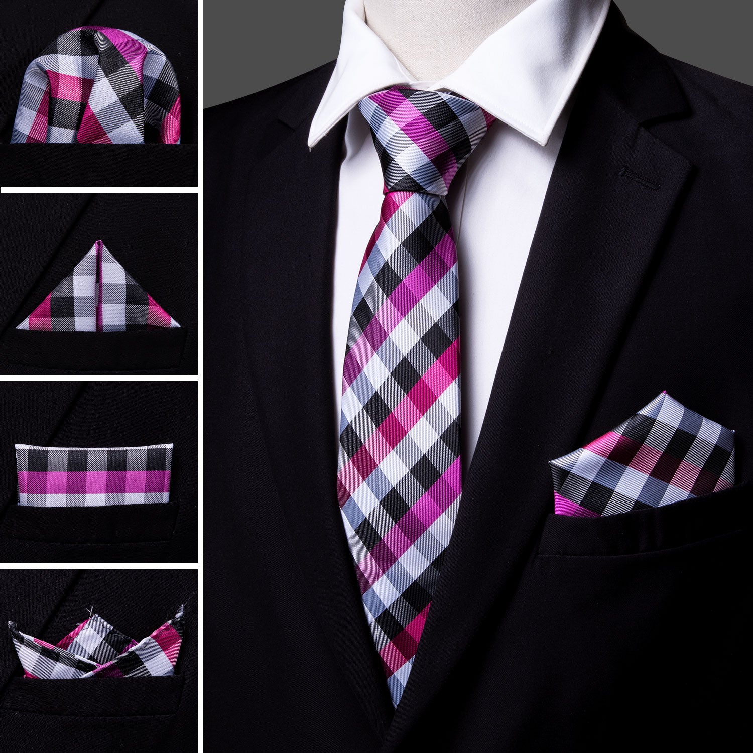  Checkered Necktie Pink Gray Tie Pocket Square Cufflinks Set