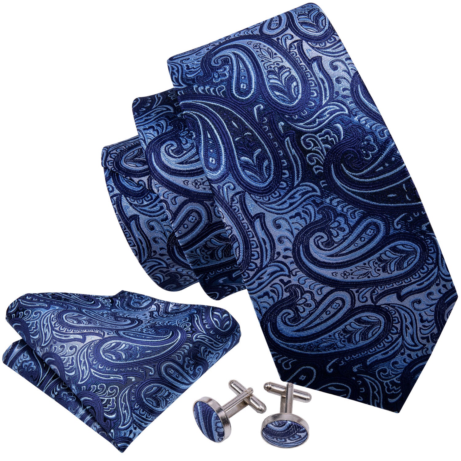 Barry.wang Blue Tie Awesome Paisley Men's Tie Handkerchief Cufflinks Set