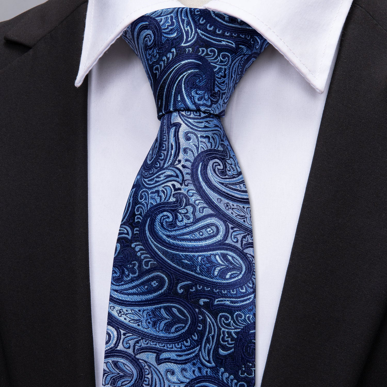 Dark Blue Light Sky Blue men's blue paisley necktie  Black suit blazer 