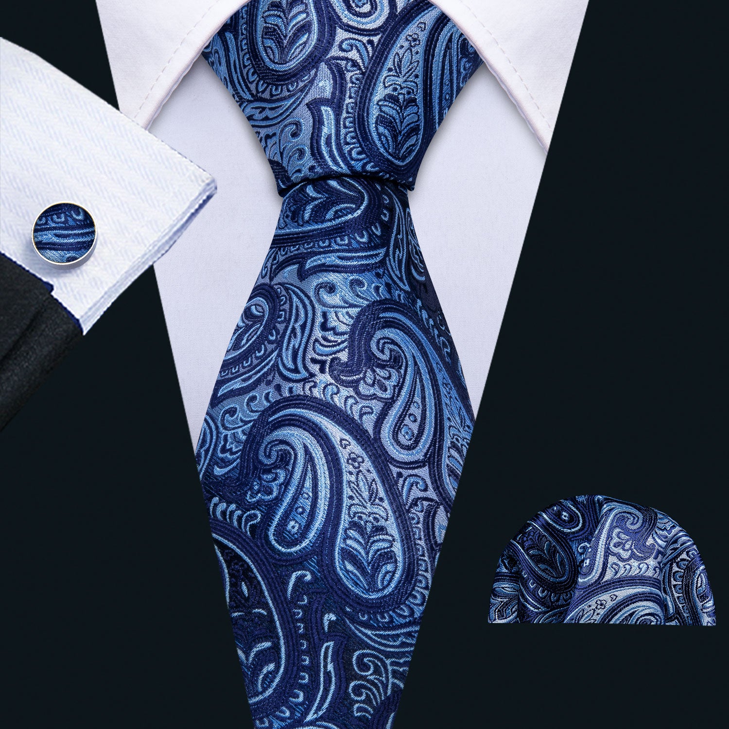 Awesome Blue Paisley Tie Handkerchief Cufflinks Set