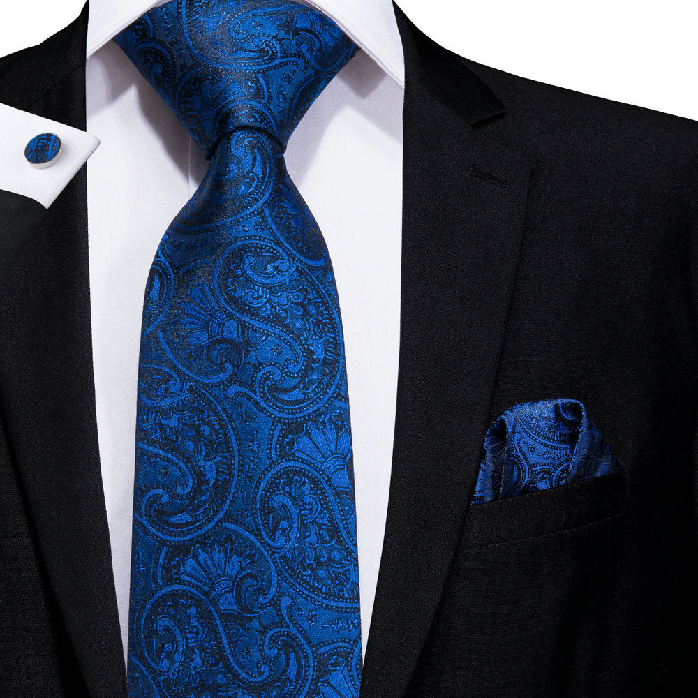 Fanstastic Blue Paisley Tie Pocket Square Cufflinks Set