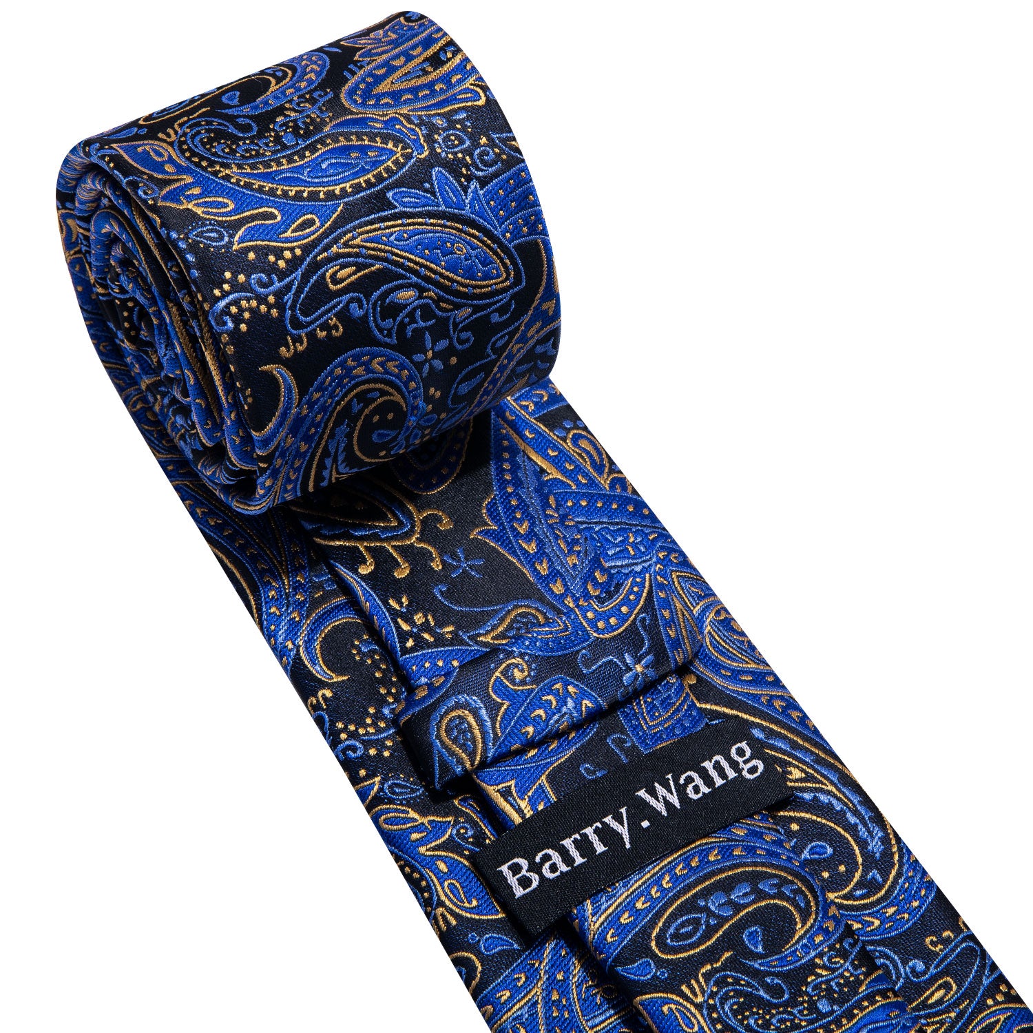 Barry.wang Blue Tie Yellow Paisley Men's Tie Pocket Square Cufflinks Set