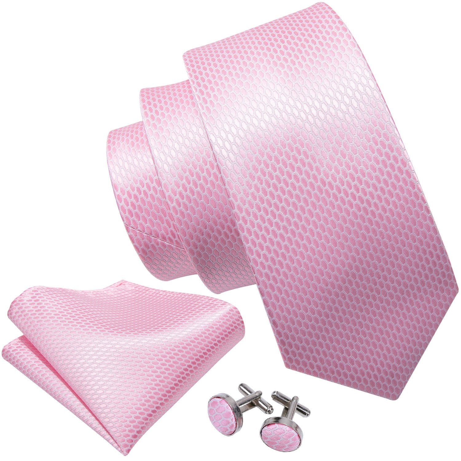Pink Solid Silk Tie Pocket Square Cufflinks Set 8.5cm Fashion Designer Neckties with Brooches Easy Matching
