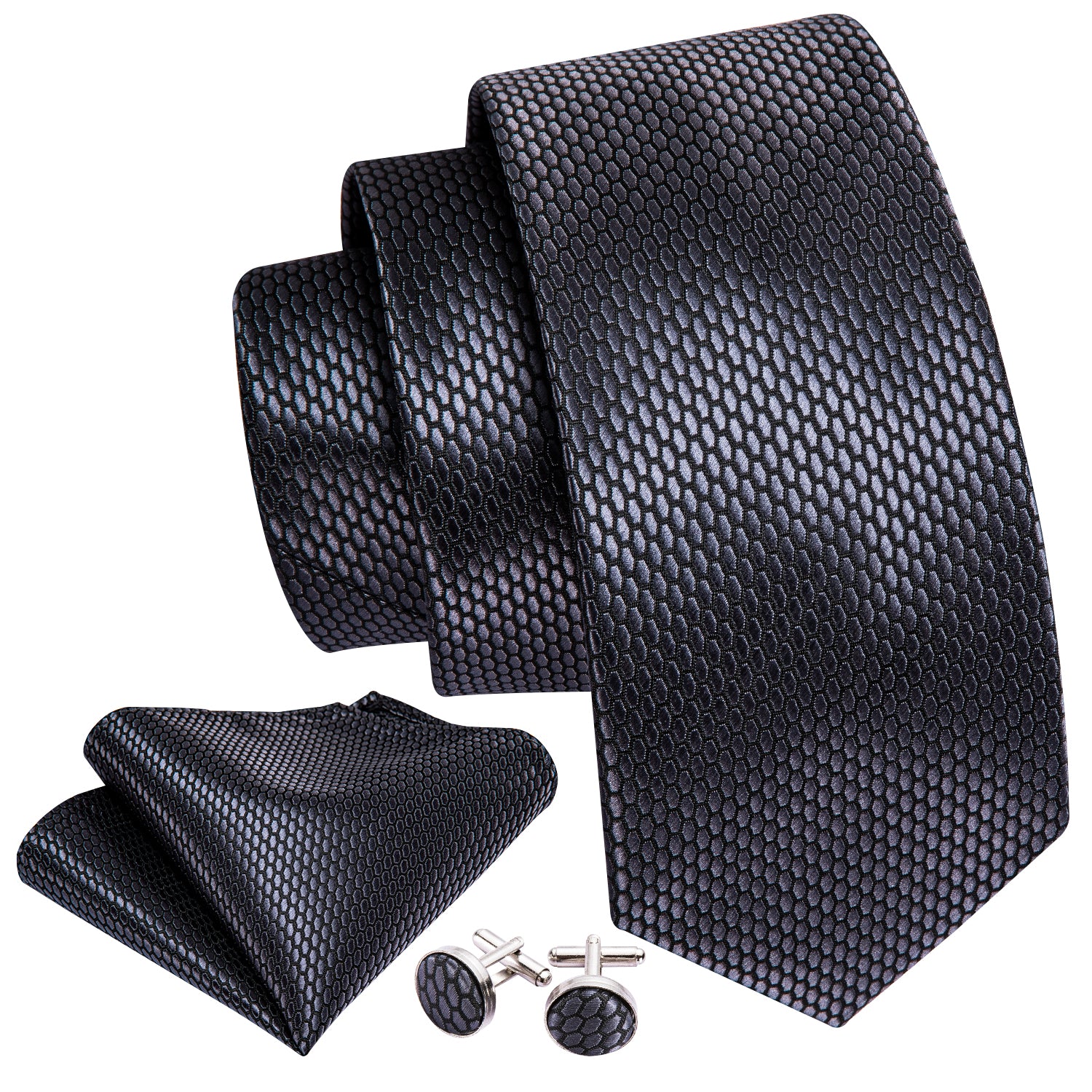 Dark Grey Necktie Geometric Tie Pocket Square Cufflinks Set