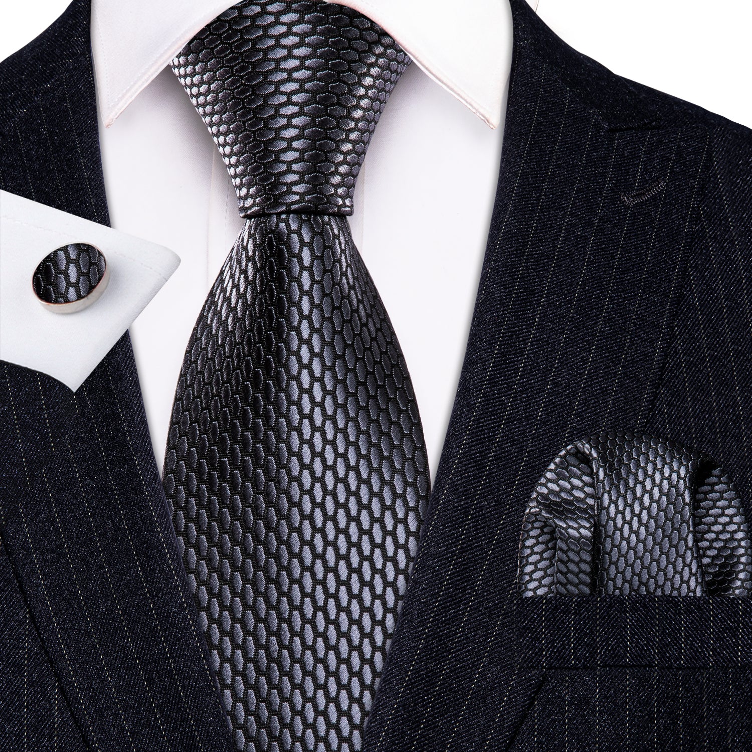 Dark Grey Necktie Geometric Tie Pocket Square Cufflinks Set