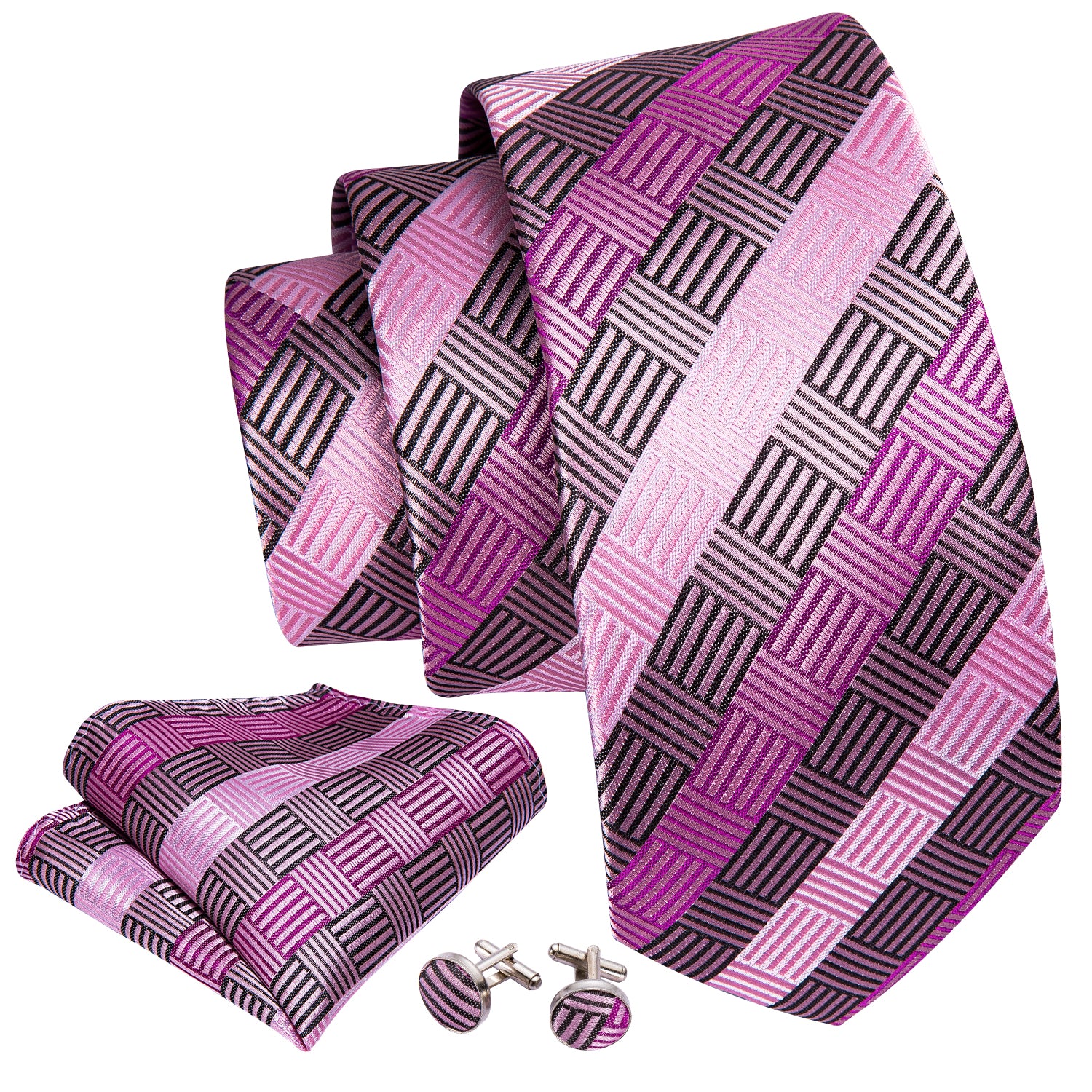 Barry.wang Pink Tie Geometric Plaid Tie Pocket Square Cufflinks Set