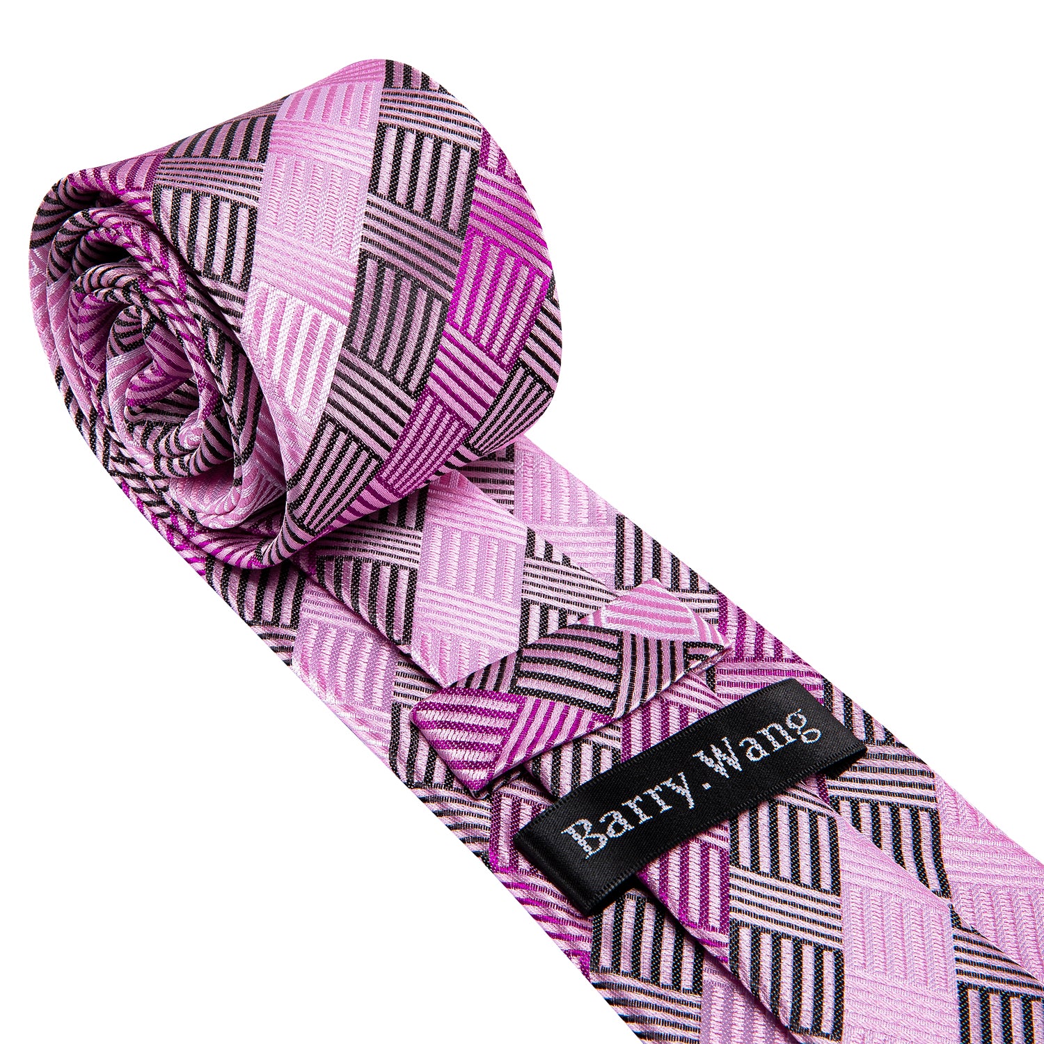 Pink Geometric Plaid Tie Pocket Square Cufflinks Set