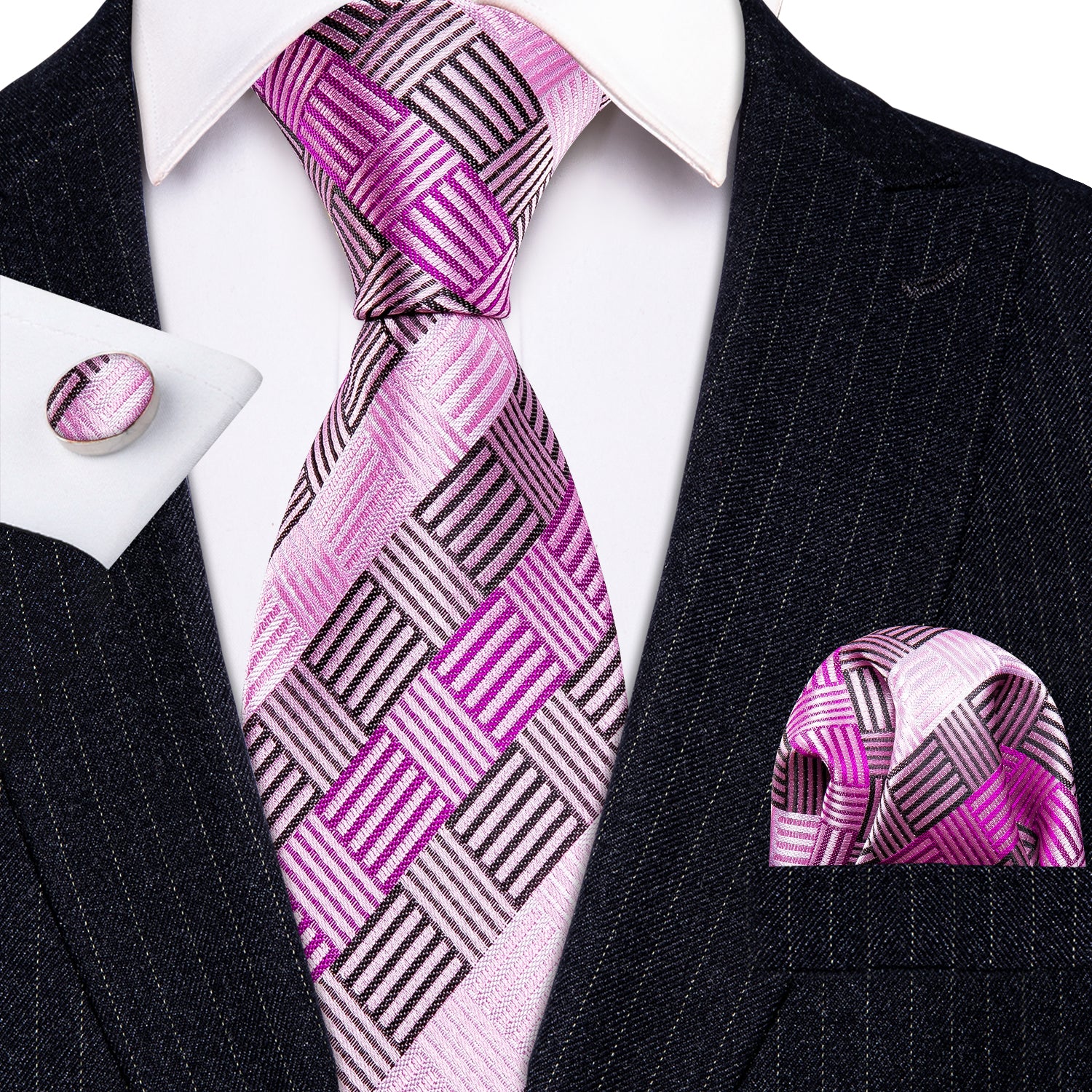 Barry.wang Pink Tie Geometric Plaid Tie Pocket Square Cufflinks Set