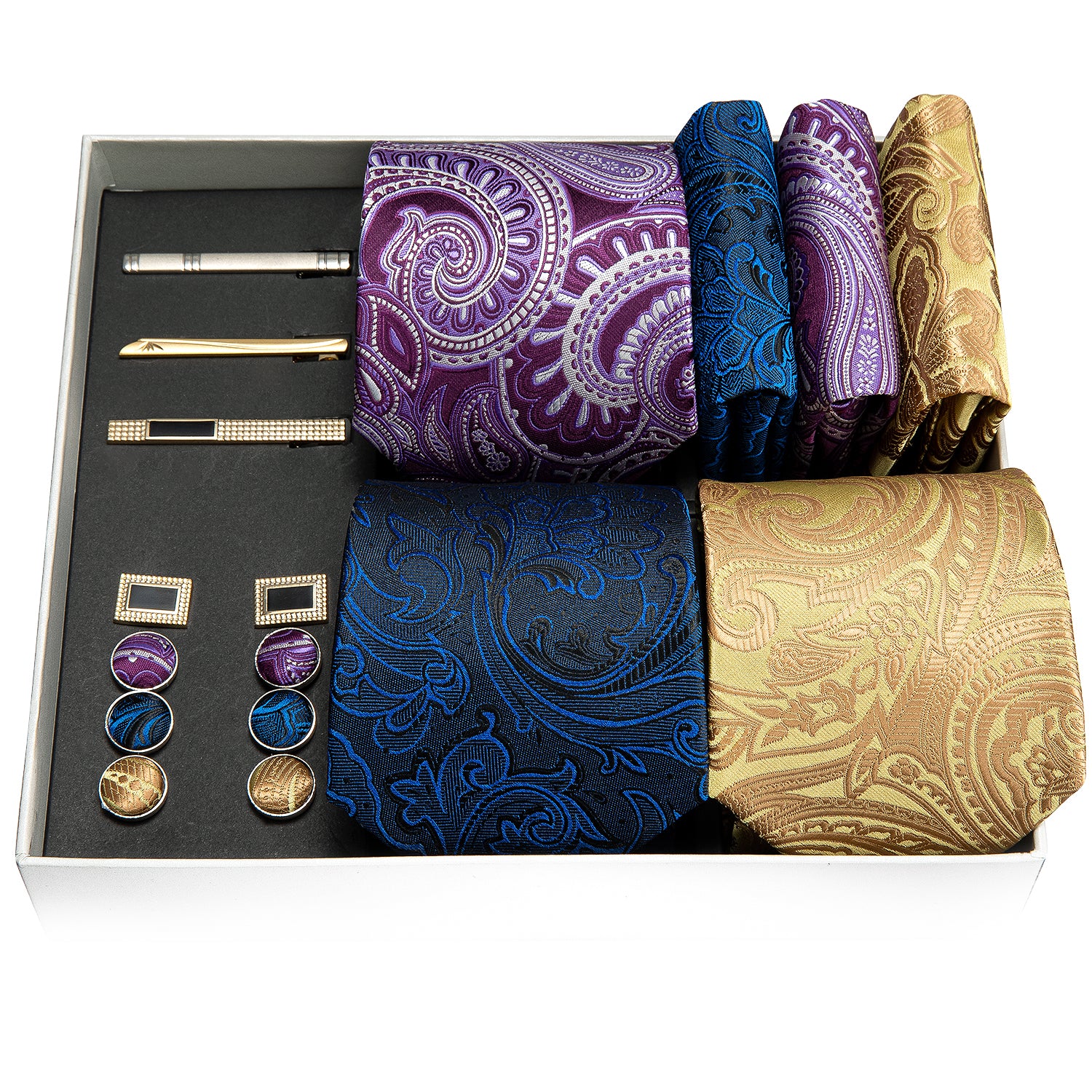 Purple Yellow Blue Paisley Silk Wedding Necktie Pocket Square Gift Box Set