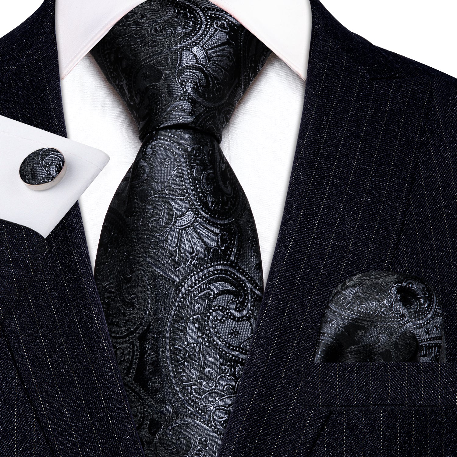 Classic Black Floral Silk Tie Hanky Cufflinks Set