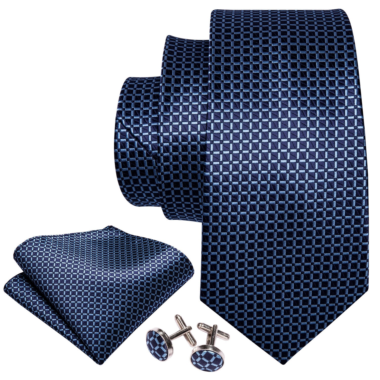 Dark Blue Plaid Office Men Tie Pocket Square Cufflinks Set