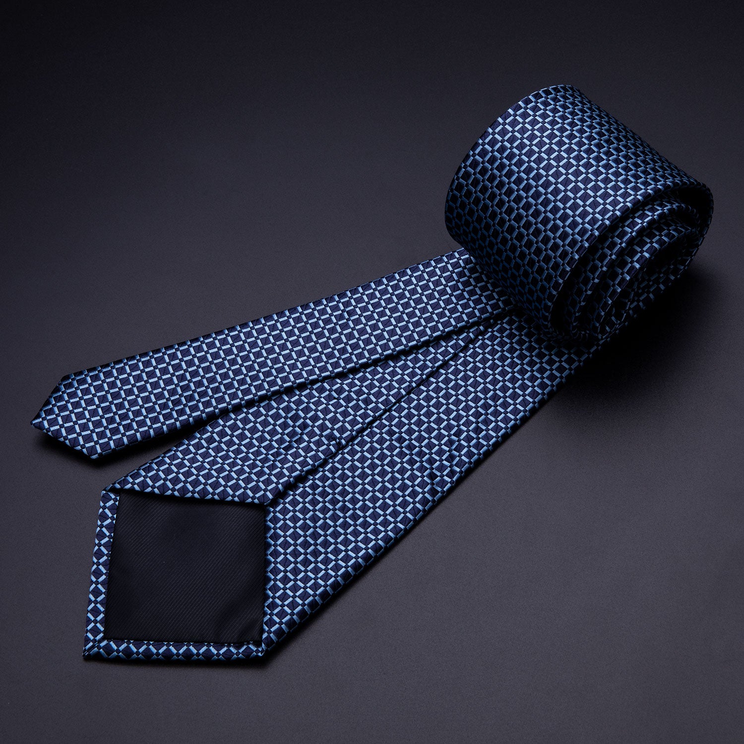 Dark Blue Plaid Tie Pocket Square Cufflinks Set