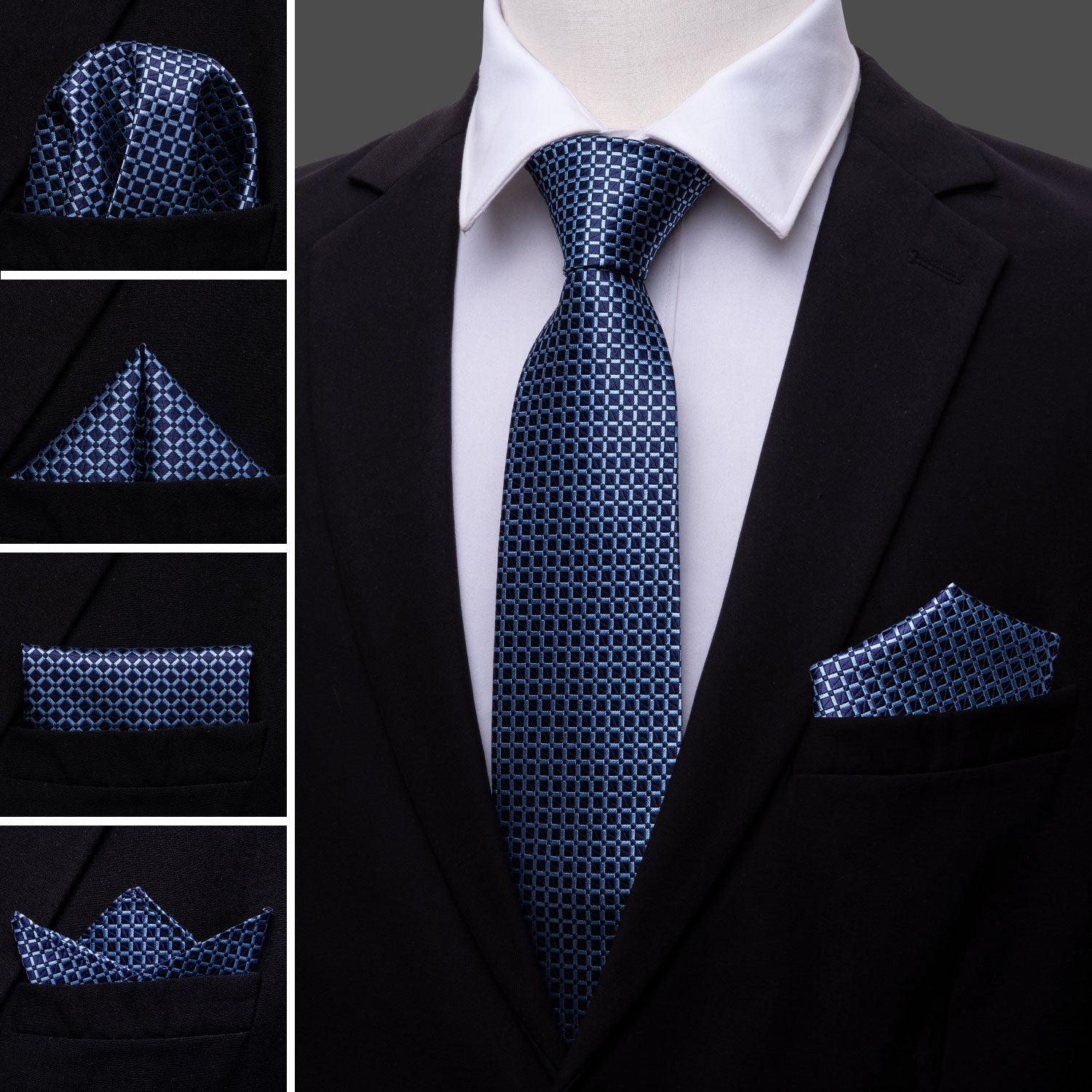 Dark Blue Plaid Office Men Tie Pocket Square Cufflinks Set