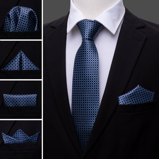 Dark Blue Plaid Office Men Tie Pocket Square Cufflinks Set