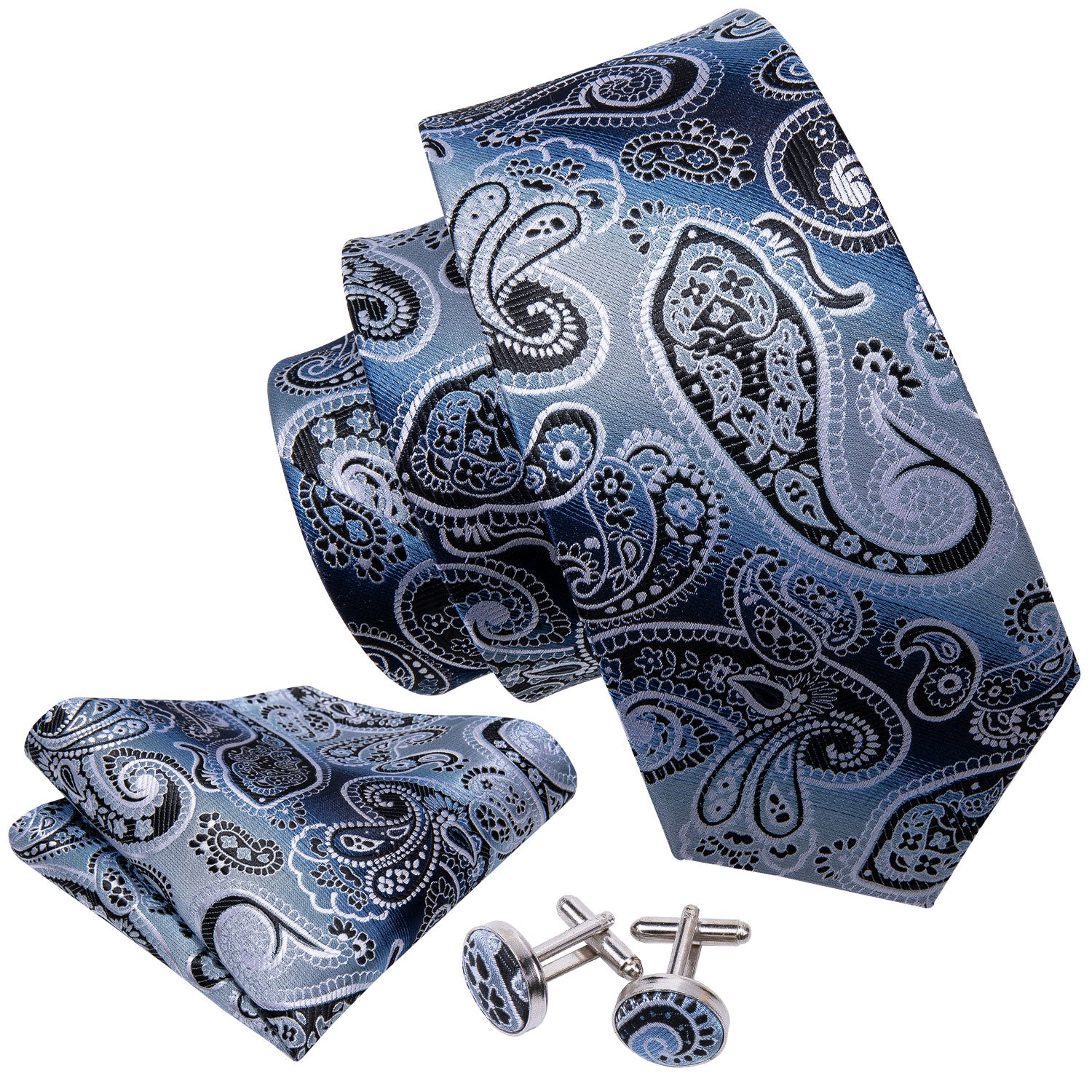  Necktie Blue Black Paisley Tie Pocket Square Cufflinks Set