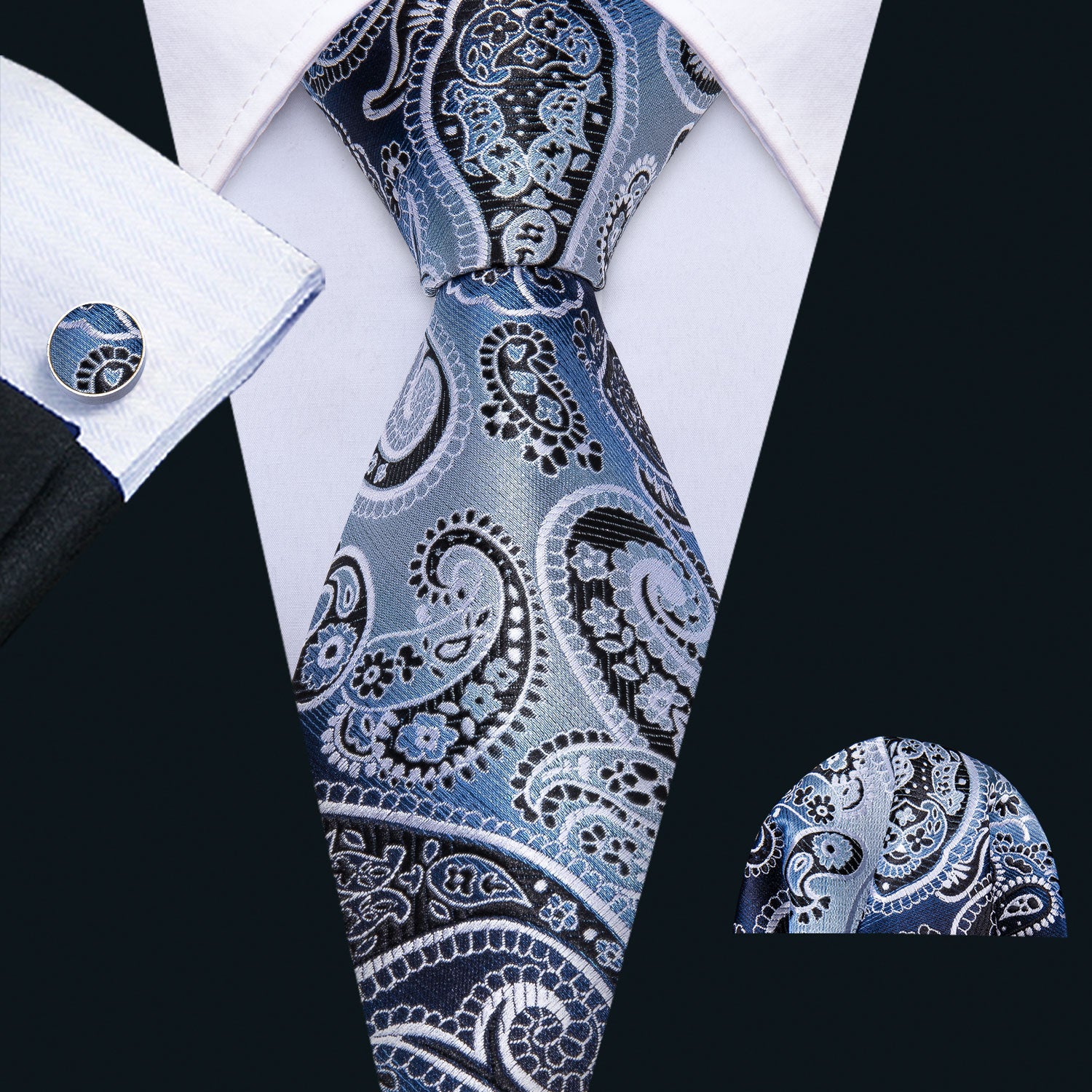  Necktie Blue Black Paisley Tie Pocket Square Cufflinks Set