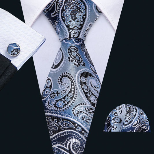  Necktie Blue Black Paisley Tie Pocket Square Cufflinks Set