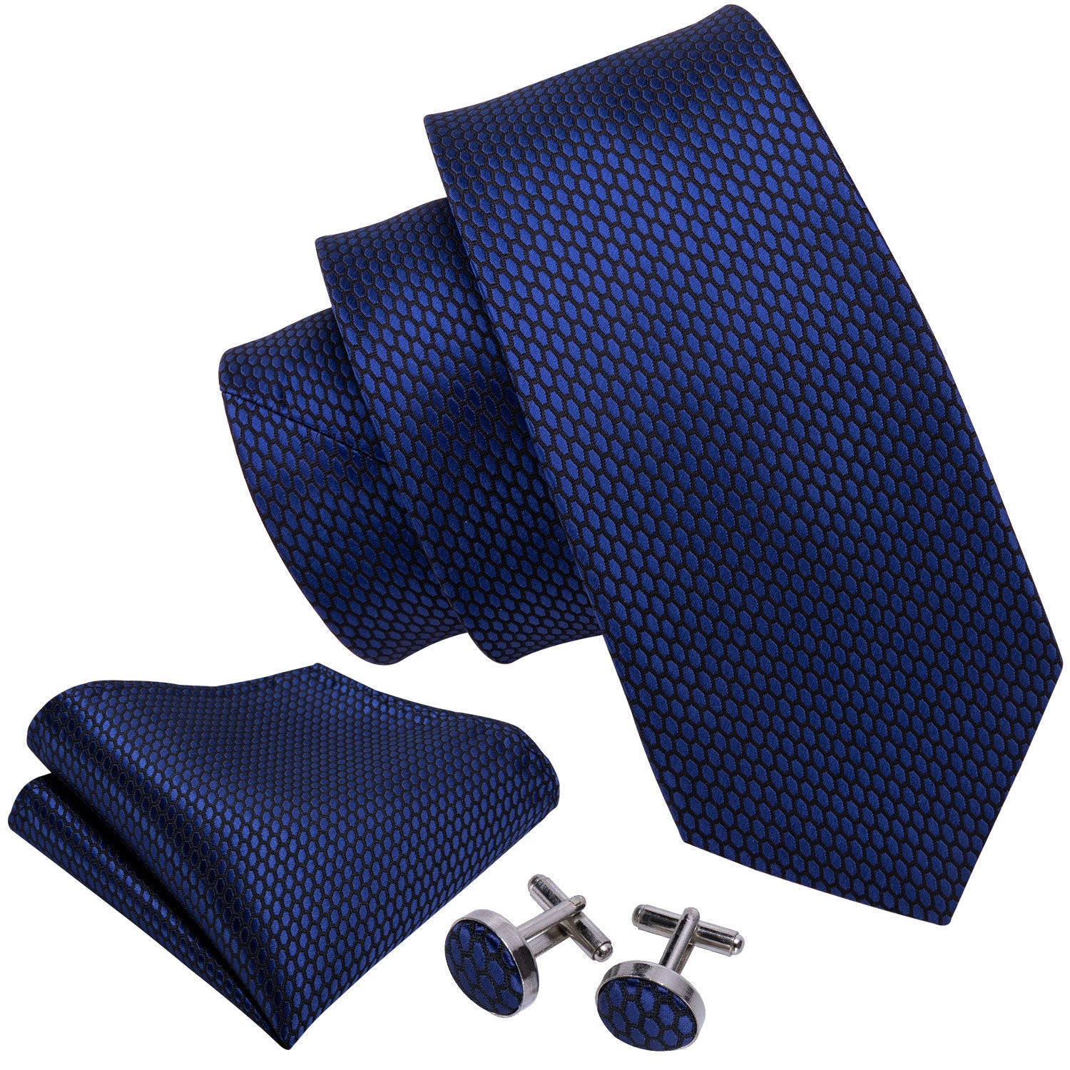 Navy Blue Geometric Tie Hanky Cufflinks Set
