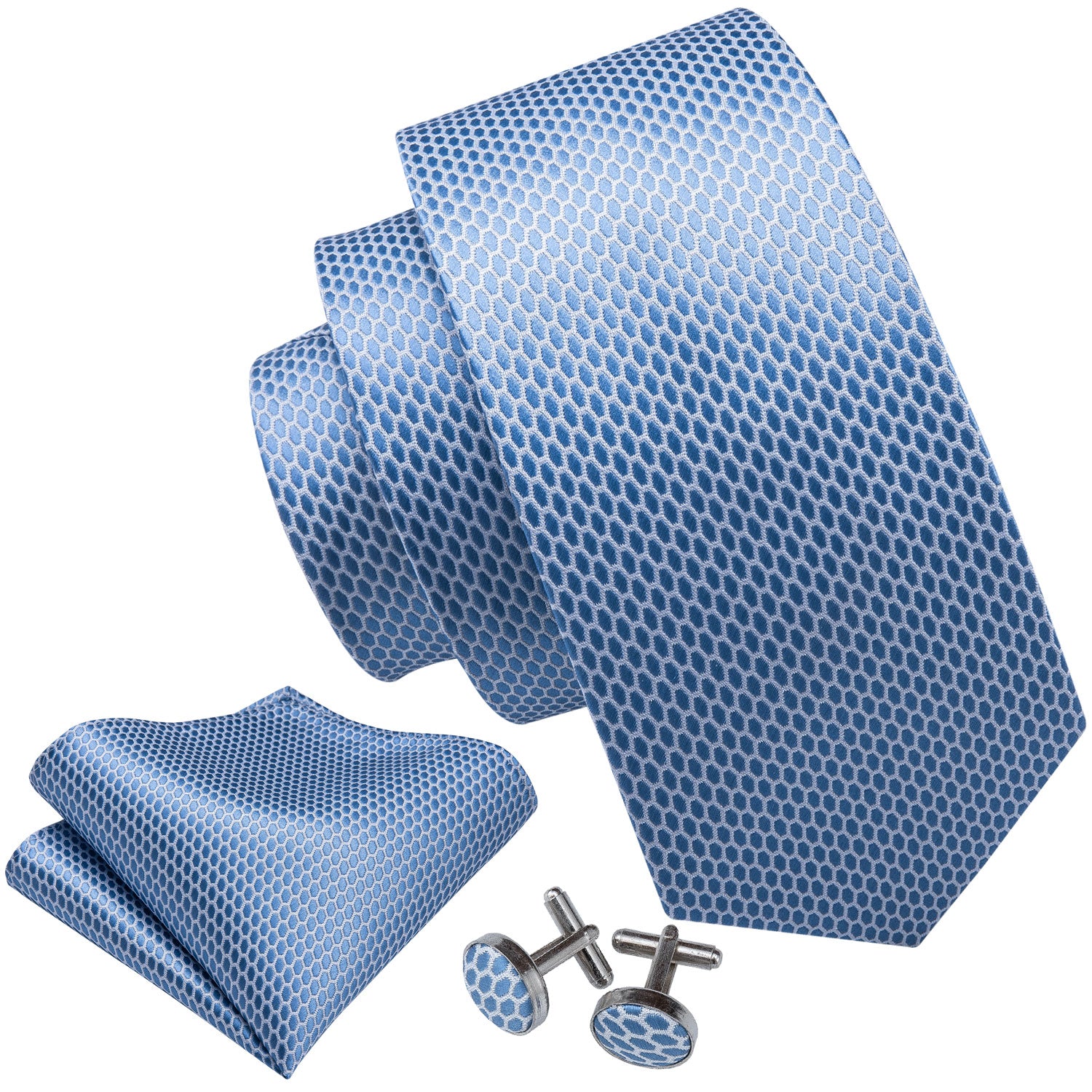 Skyblue Geometric Tie Pocket Square Cufflinks Set