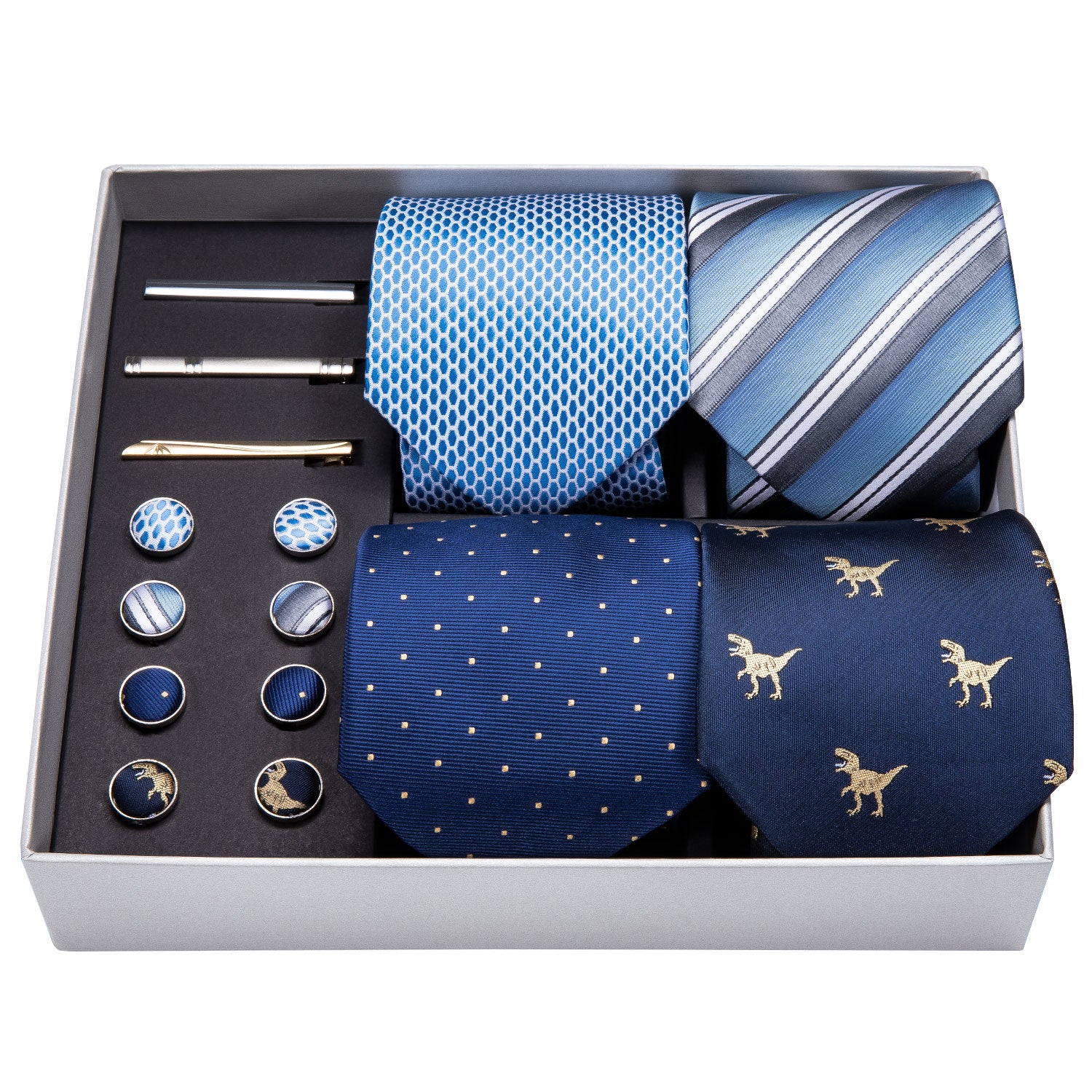 Blue Dinosaur Paisley Silk Wedding Necktie Pocket Square Gift Box Set