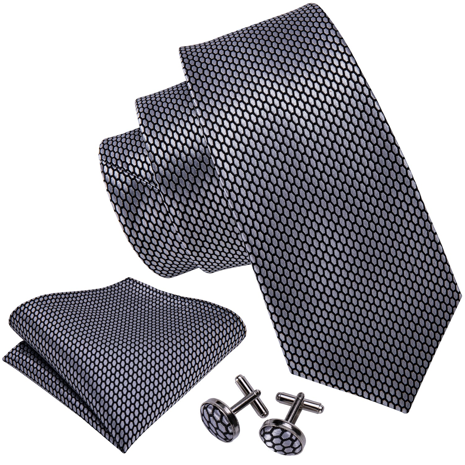 Grey Geometric Plaid Tie Pocket Square Cufflinks Set
