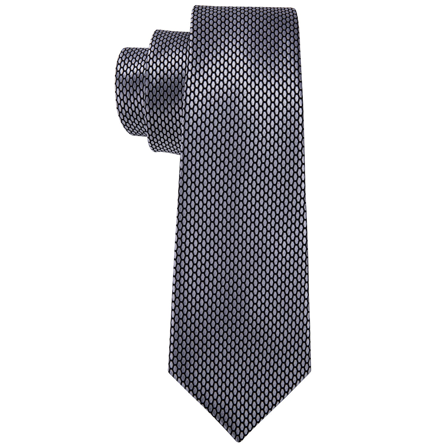 Barry.wang Grey Tie Geometric Plaid Men's Tie Pocket Square Cufflinks Set