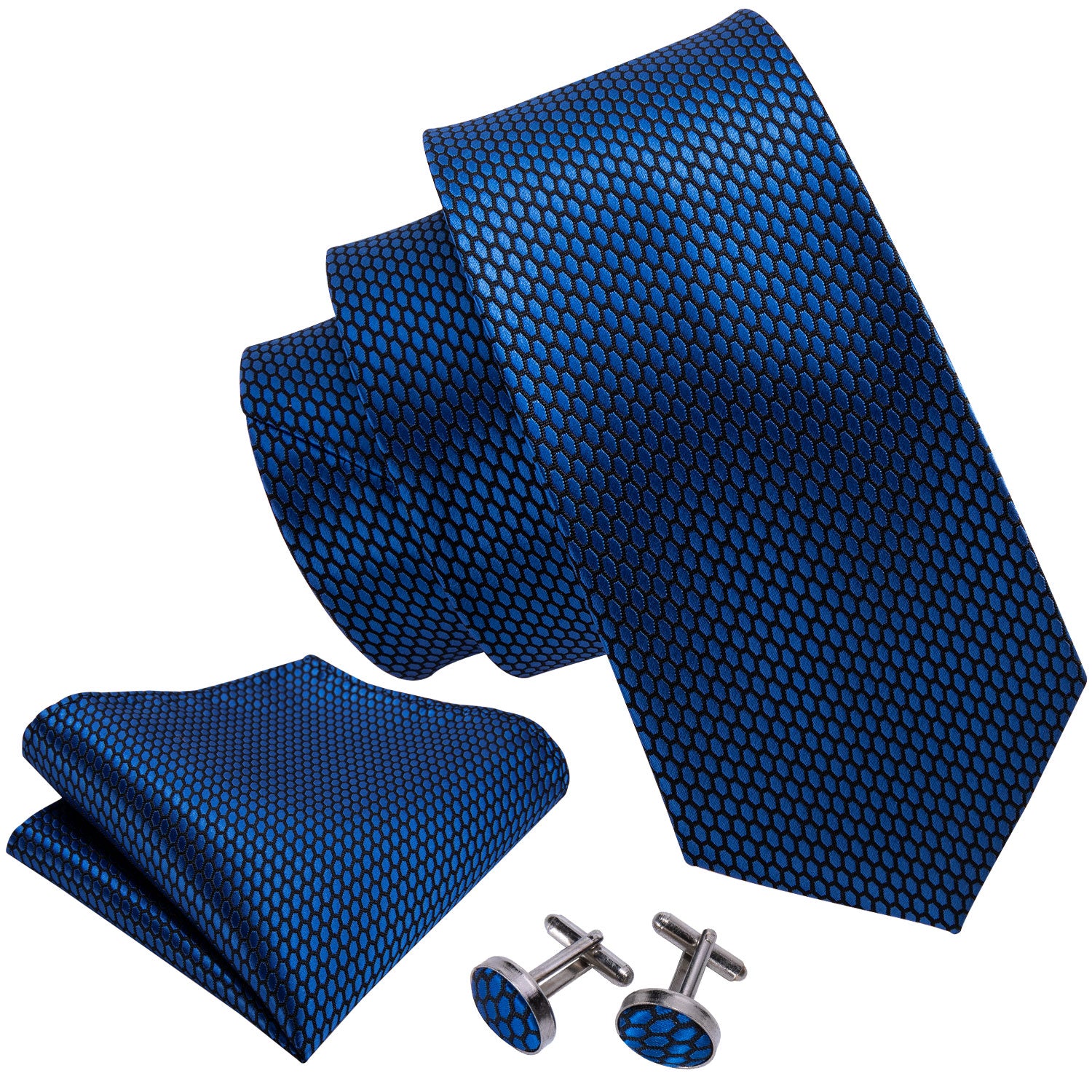 Barry.wang Red Tie  Navy-Blue Geometric Polka Dot Tie Pocket Square Cufflinks Set