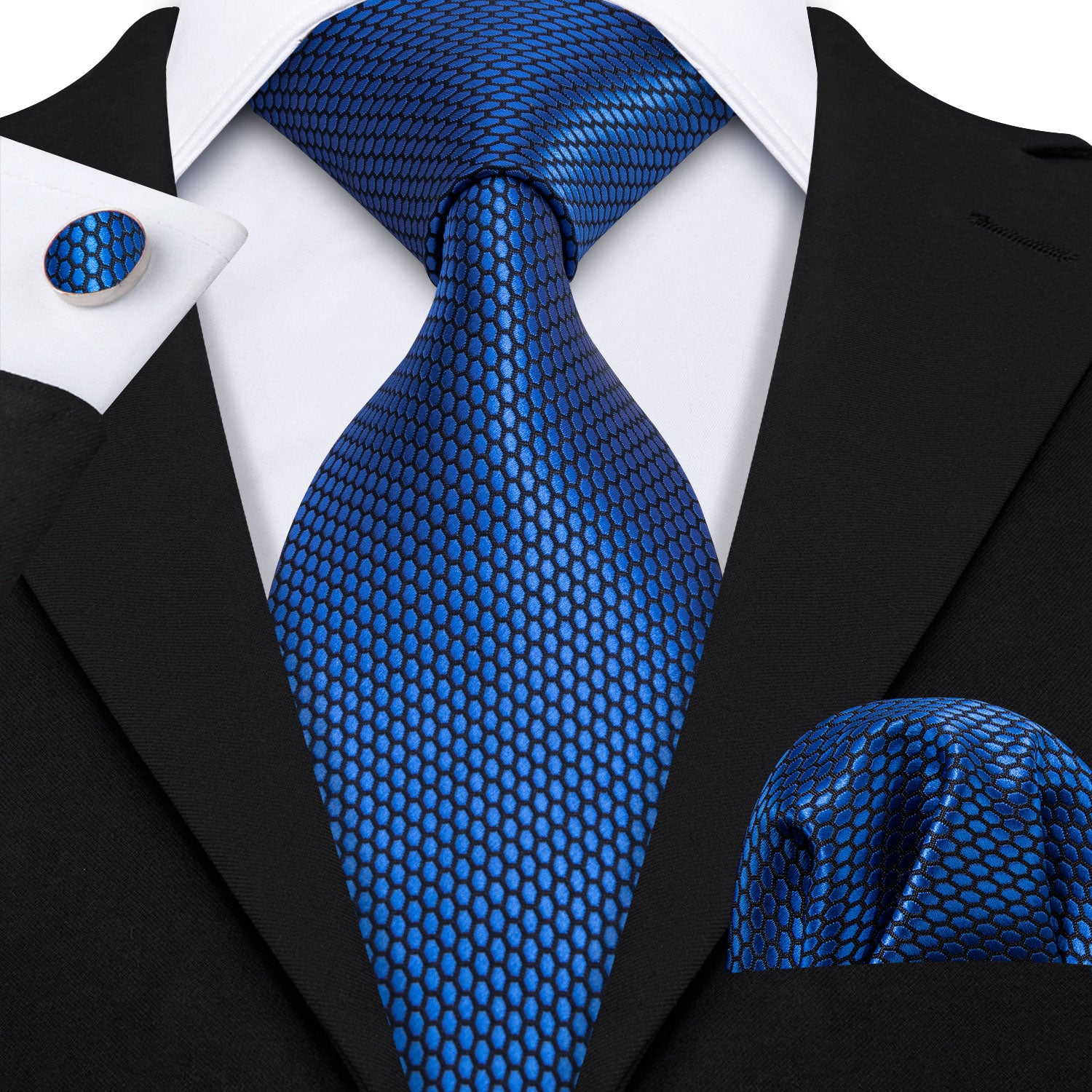 Navy-Blue Geometric Polka Dot Tie Pocket Square Cufflinks Set