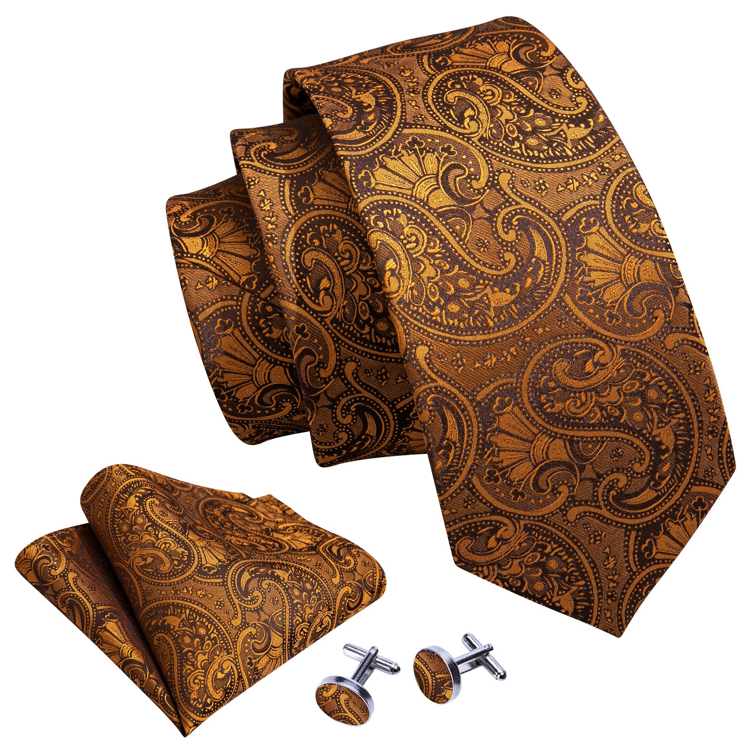 Barry.wang Yellow Tie Floral Men's Silk Tie Pocket Square Cufflinks Set