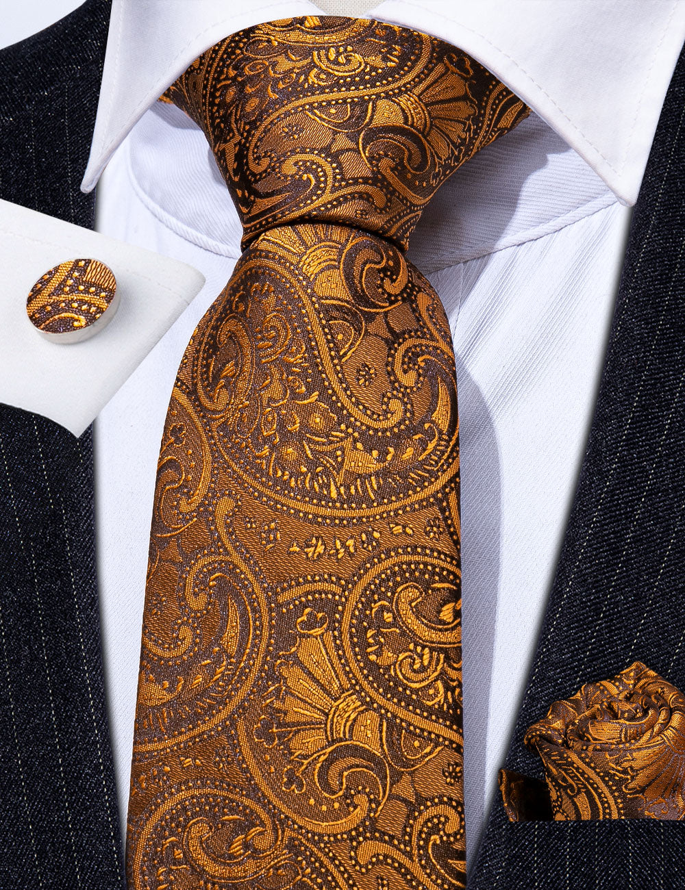 Royal Yellow Floral Tie Pocket Square Cufflinks Set