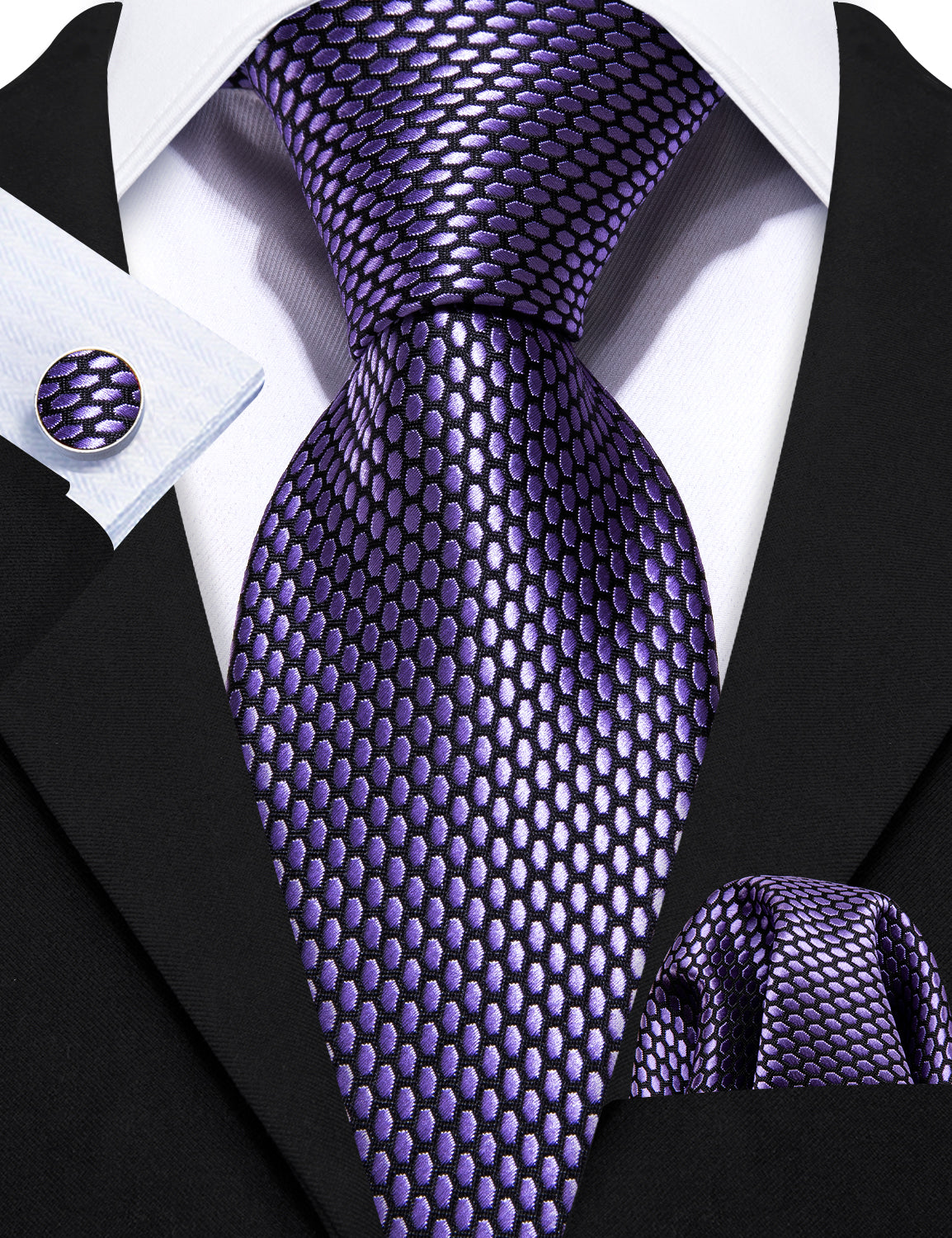 Purple Geometric Solid Tie Hanky Cufflinks Set