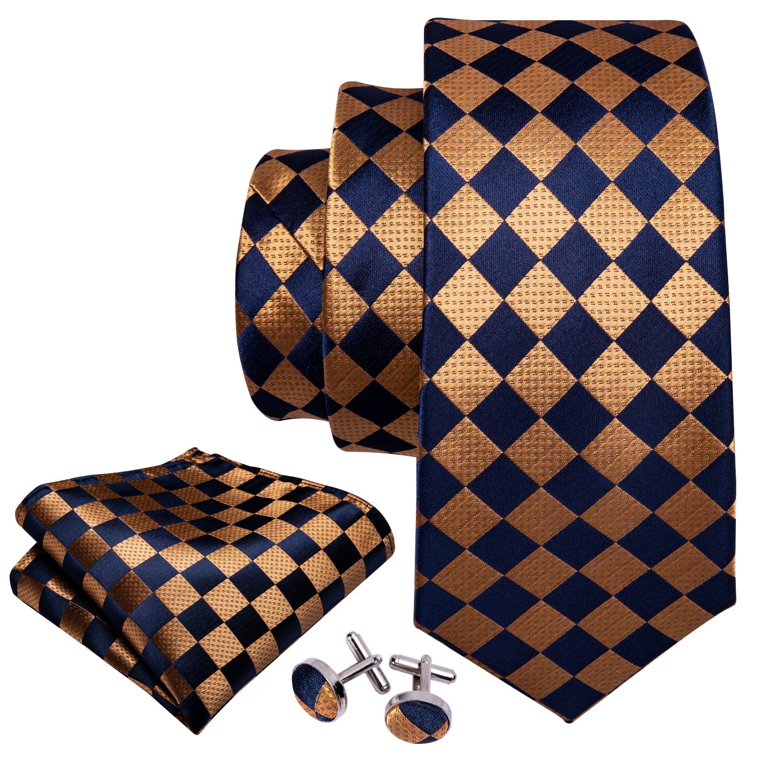 Orange Black Plaid Tie Pocket Square Cufflinks Gift Box Set