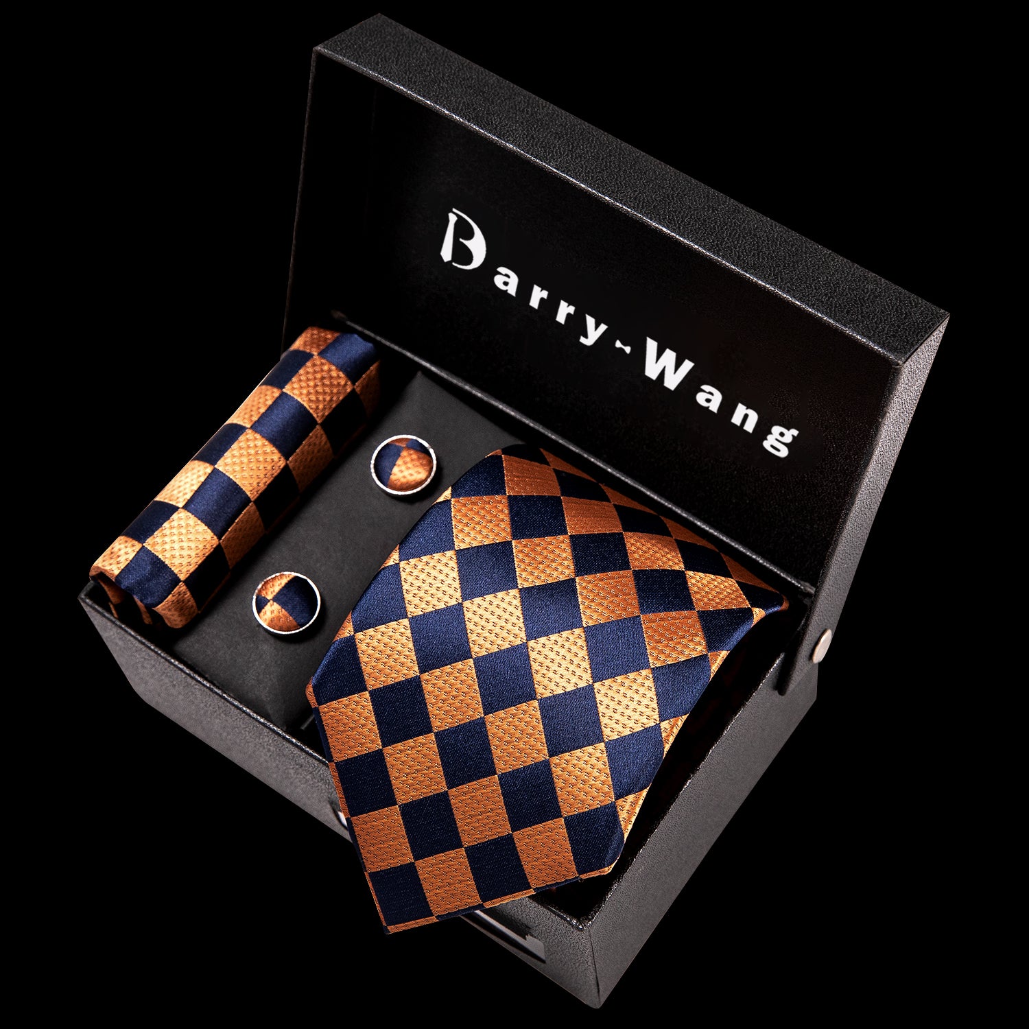 Orange Black Plaid Tie Pocket Square Cufflinks Gift Box Set