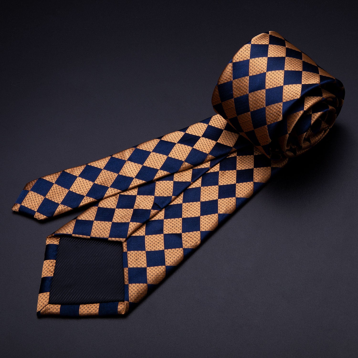 Orange Black Plaid Tie Pocket Square Cufflinks Set