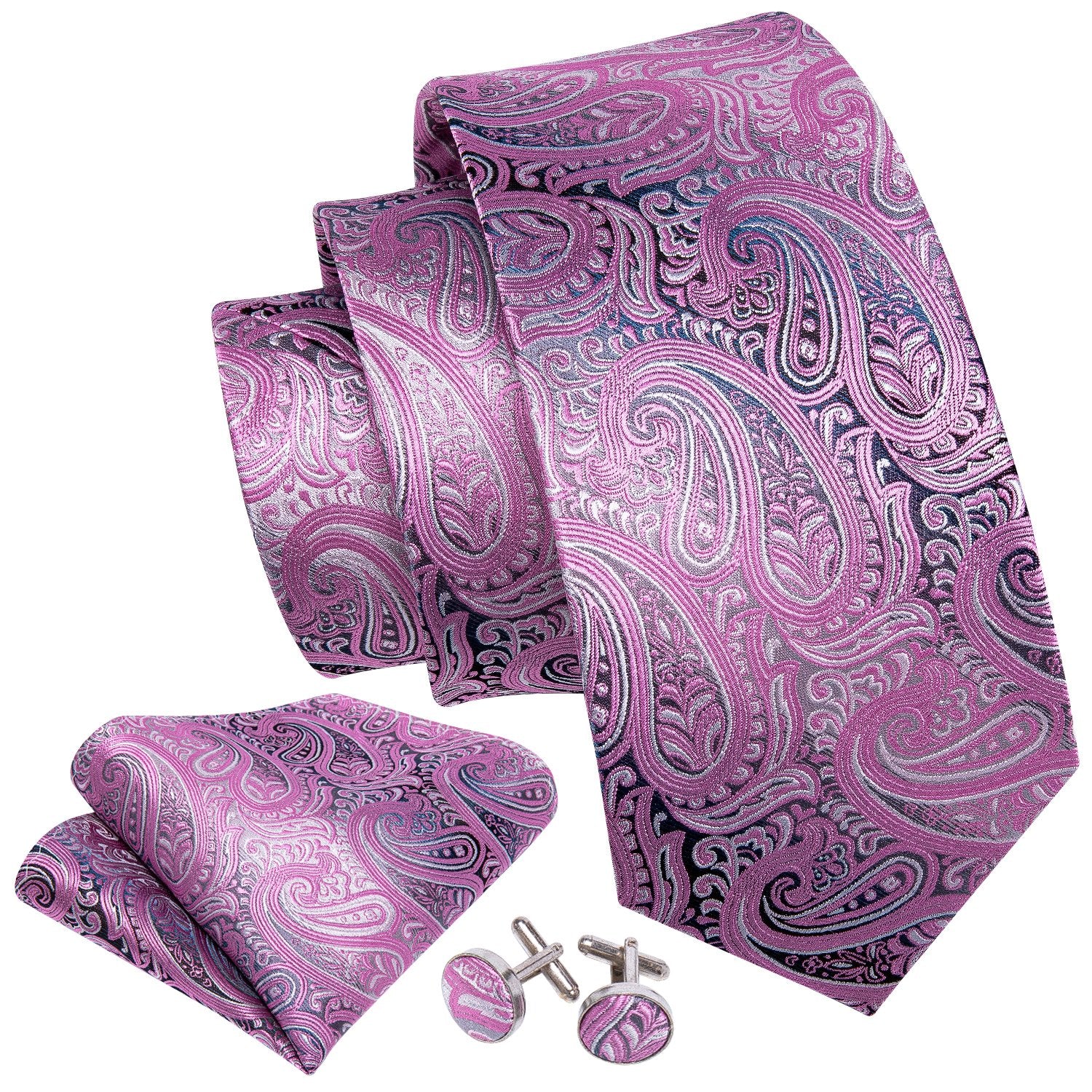 Pink Paisley Necktie Alloy Lapel Pin Brooch Pocket Square Cufflinks Gift Box Set