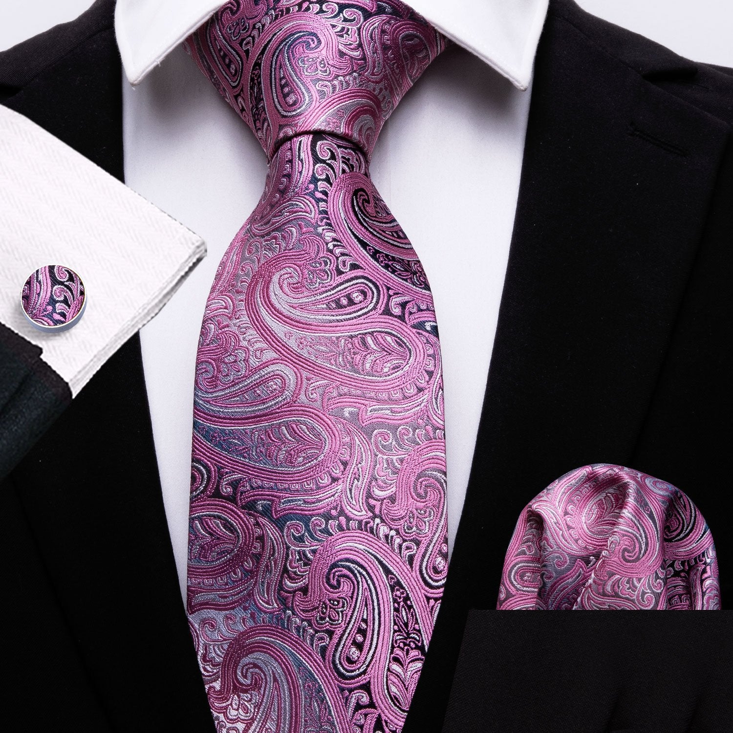 Pink Paisley Necktie Alloy Lapel Pin Brooch Pocket Square Cufflinks Gift Box Set