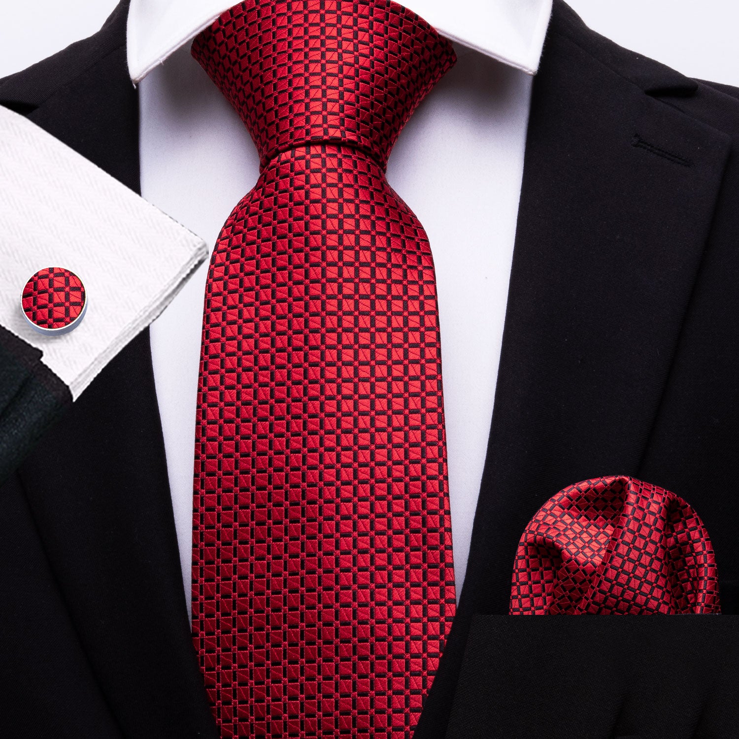 Fresh Red Plaid Tie Pocket Square Cufflinks Set