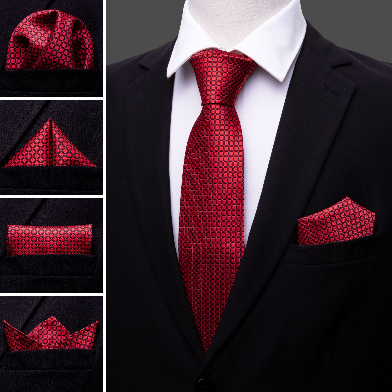 Fresh Red Plaid Tie Pocket Square Cufflinks Set
