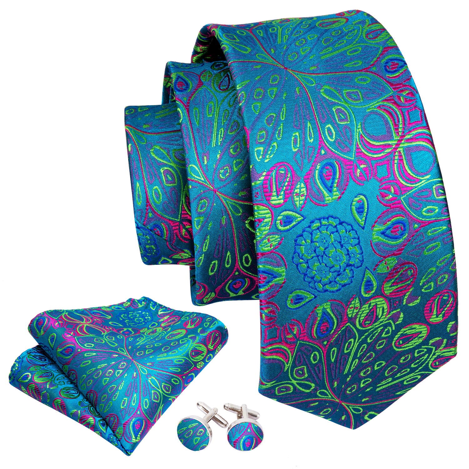 Blue Green Floral Tie Pocket Square Cufflinks Set