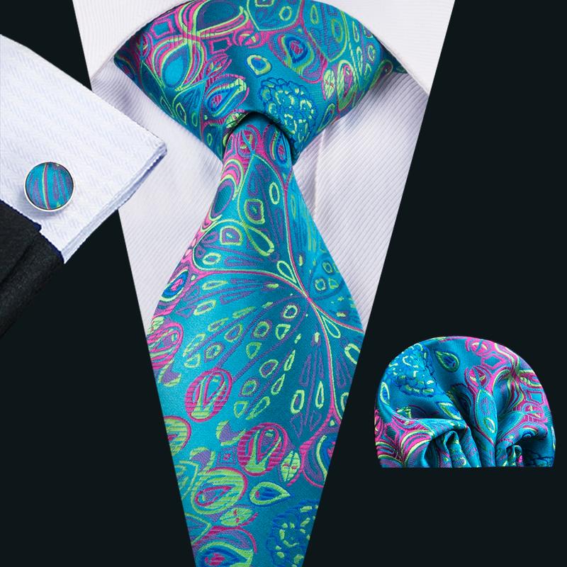 Barry Wang Blue Tie Green Floral Tie Pocket Square Cufflinks Set