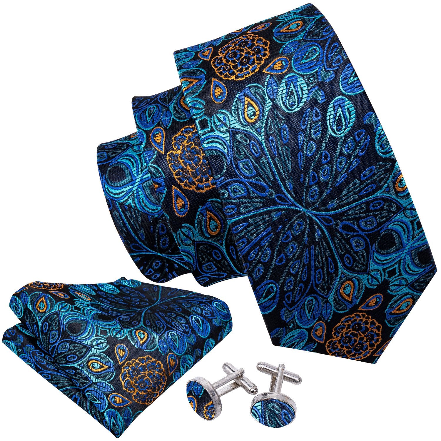 Fantastic Blue Floral Men's Tie Lapel Pin Brooch Silk Tie Pocket Square Cufflinks Set Wedding Business Party