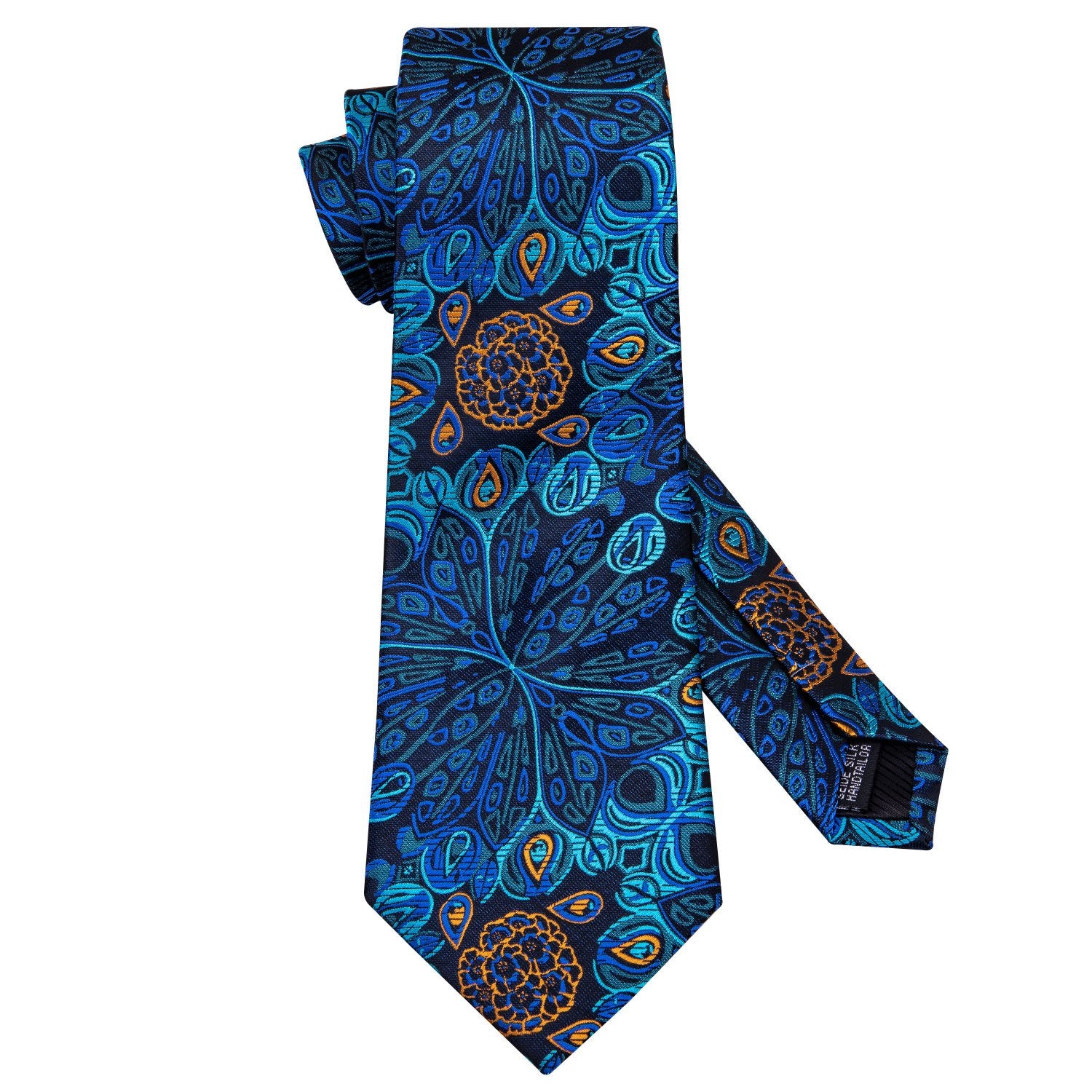 Fantastic Blue Floral Men's Tie Lapel Pin Brooch Silk Tie Pocket Square Cufflinks Set Wedding Business Party