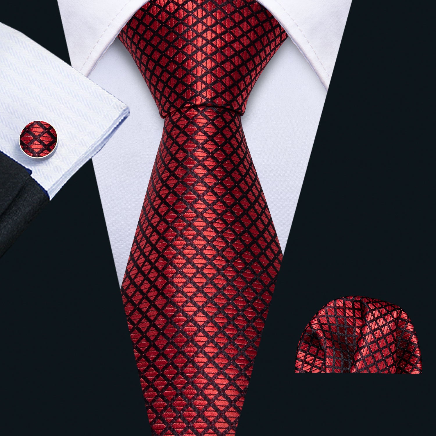 Top Red Plaid Tie Pocket Square Cufflinks Set